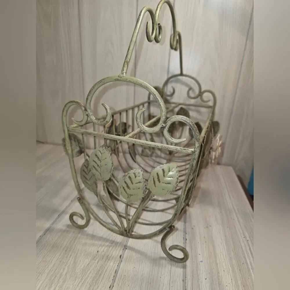 Vtg White Wrought Iron W/Pink Metal Flower Magazine Rack Storage Bin Coquette